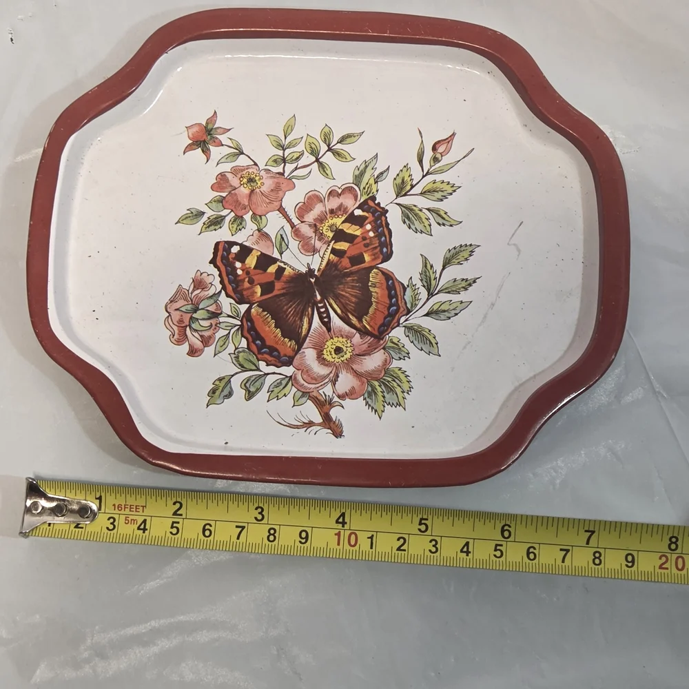 Vintage Floral Tray Set: Ceramic Oval Serving Platter & Metal Butterfly Trinket